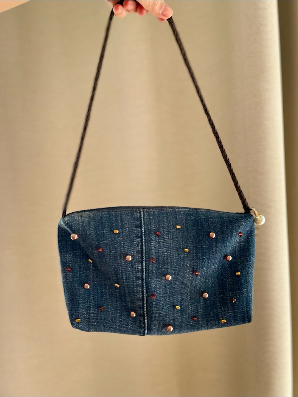 Upcycled Embellished Denim Shoulder Bag in Dark Blue